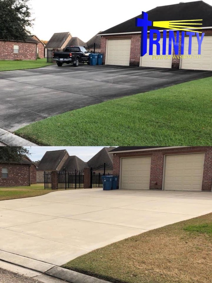 Driveway before cleaning, with dark buildup, and lighter concrete after cleaning